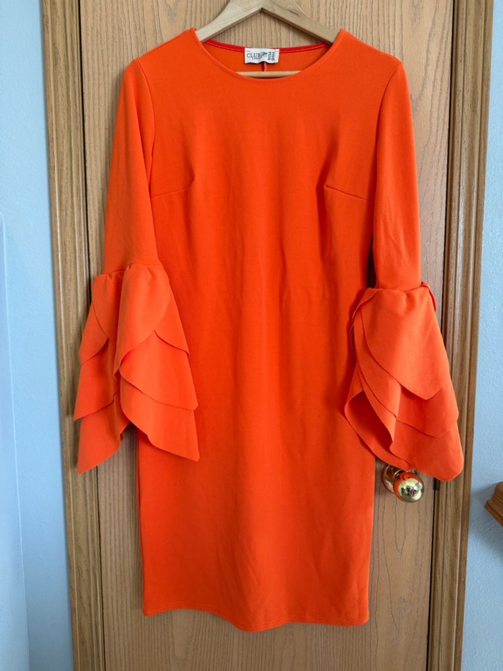 CLUB L LONDON Bright Orange Layered Ruffle Cuffs Midi Shift Dress Women Size 12